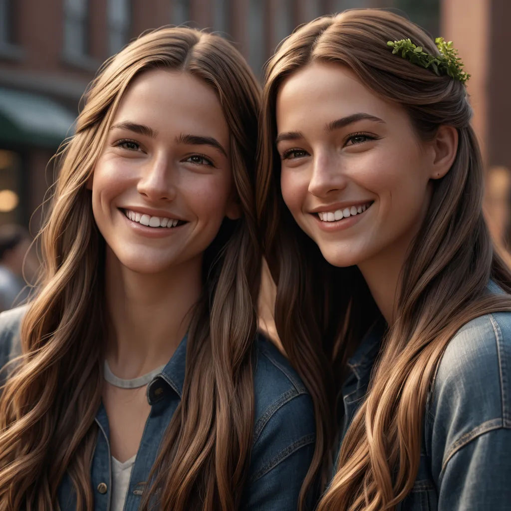 two young women are smiling and posing for a picture together in front of a building with a green wreath on their head, photorealism, a stock photo, Dave Melvin, ultra realistic faces