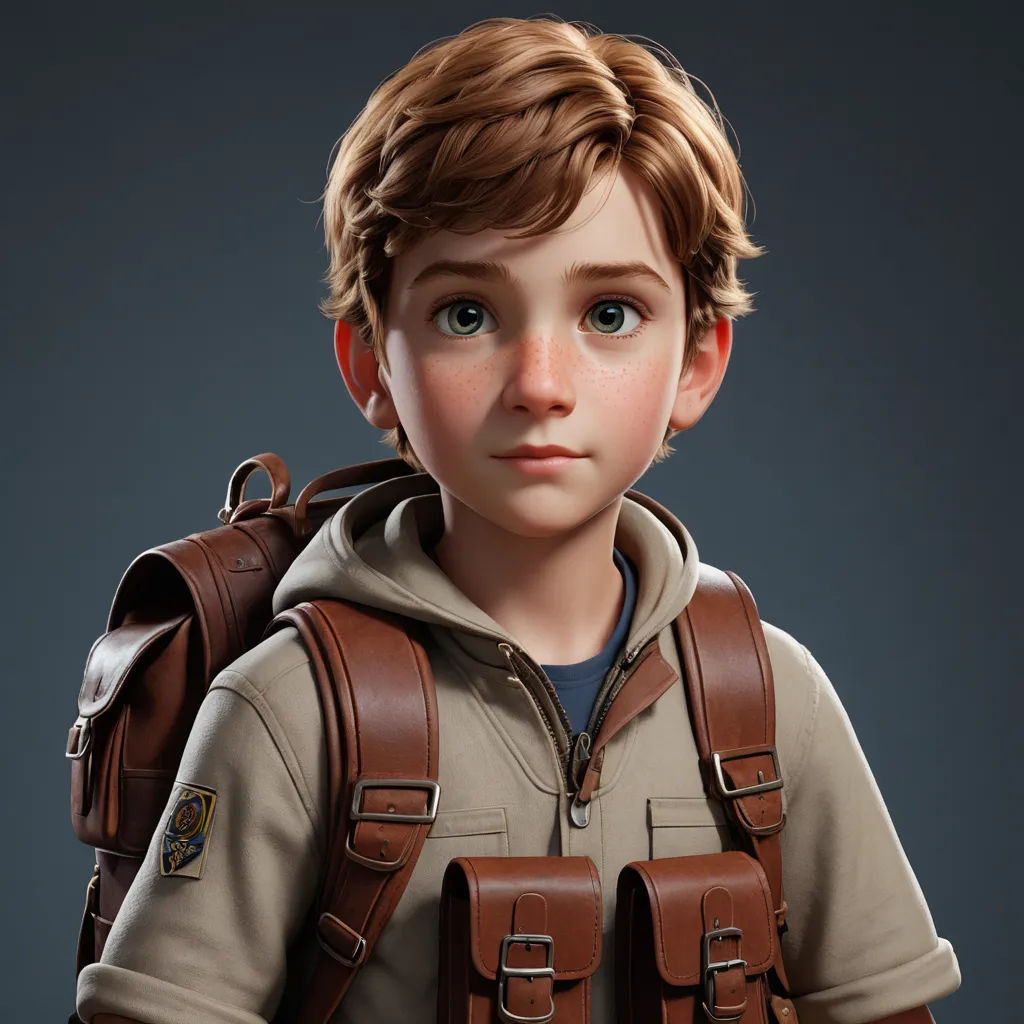 a boy with a backpack on his back and a backpack on his shoulder, looking at the camera, with a serious look on his face, photorealism, a character portrait, Cliff Childs, cgstudio