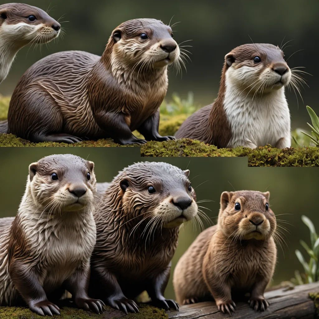 a series of photos of otters sitting on a log and looking at the camera with different expressions on their faces, photorealism, computer graphics, Brenda Chamberlain, animal photography