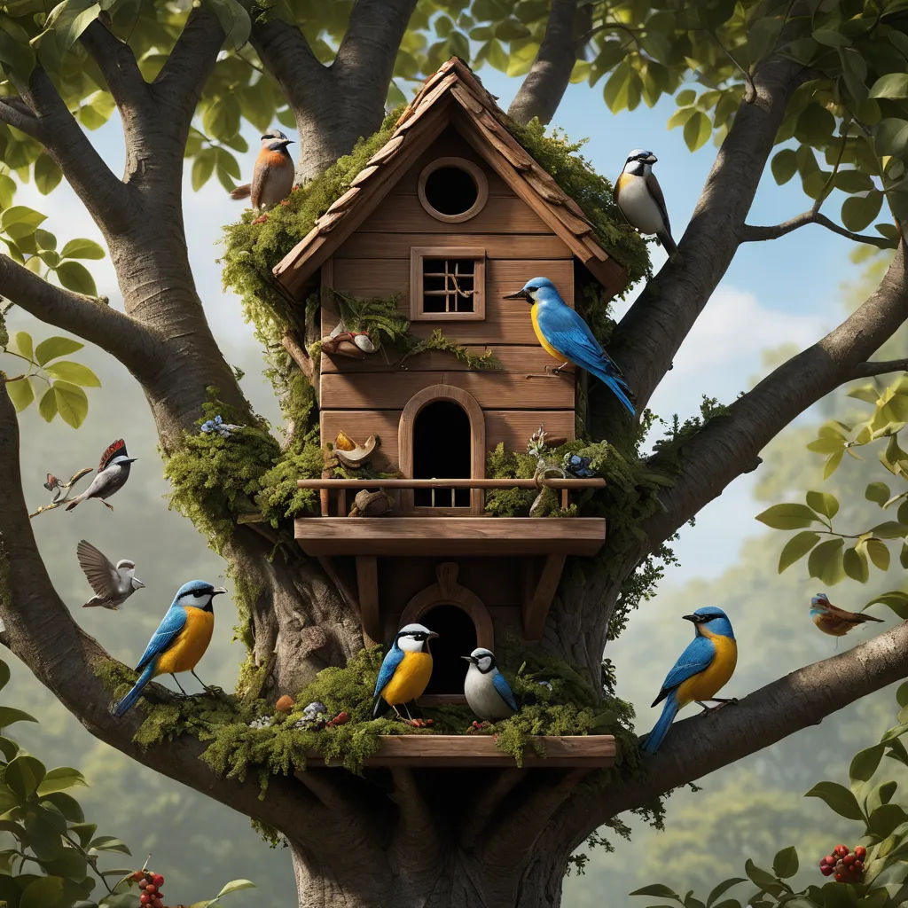 a bird house with many birds around it on a tree branch with a birdhouse in the middle of the tree, ecological art, a storybook illustration, Chris LaBrooy, highly detailed digital painting