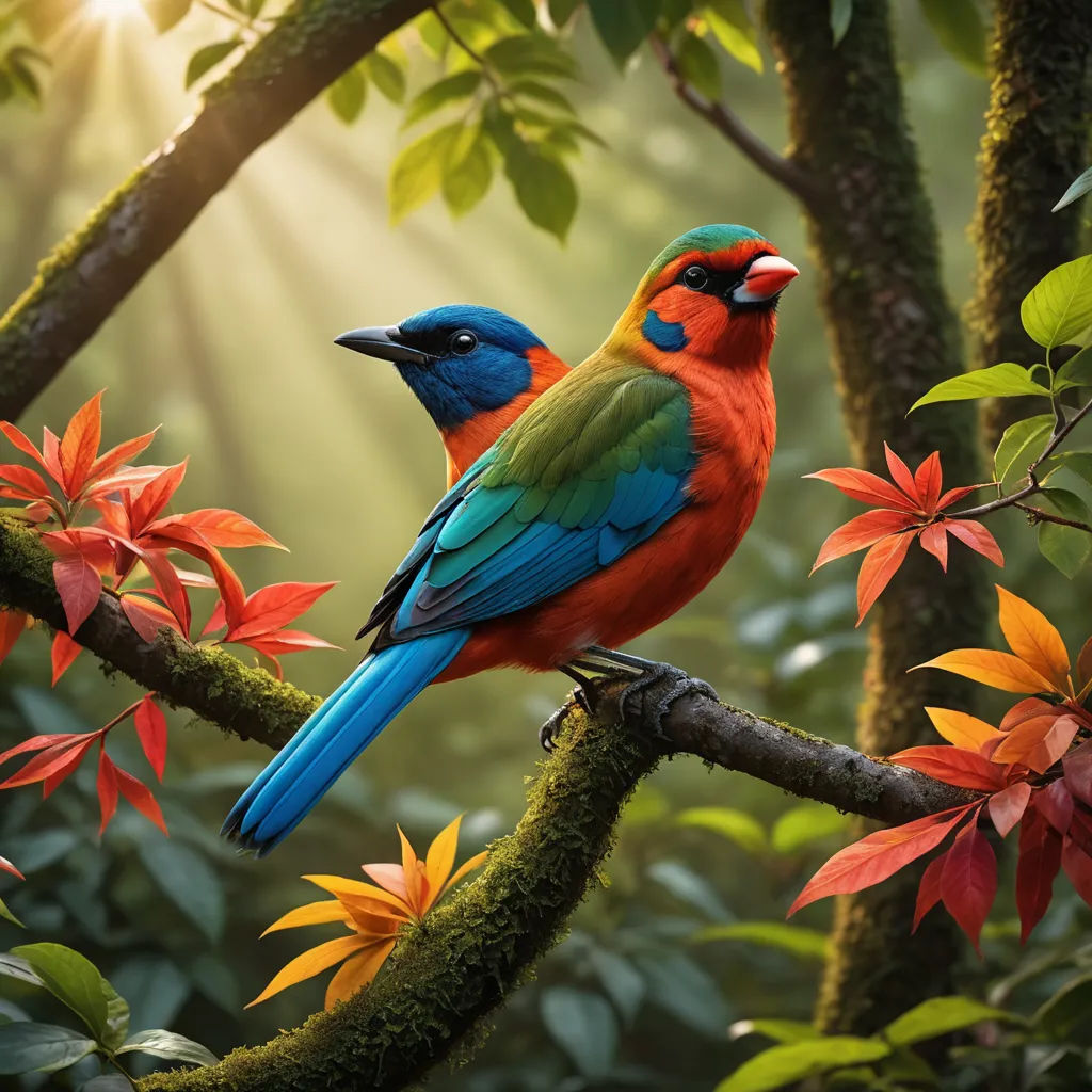 two colorful birds perched on a branch in a forest with flowers and trees in the background, with sunlight streaming through the leaves, cloisonnism, a digital painting, Chris LaBrooy, birds
