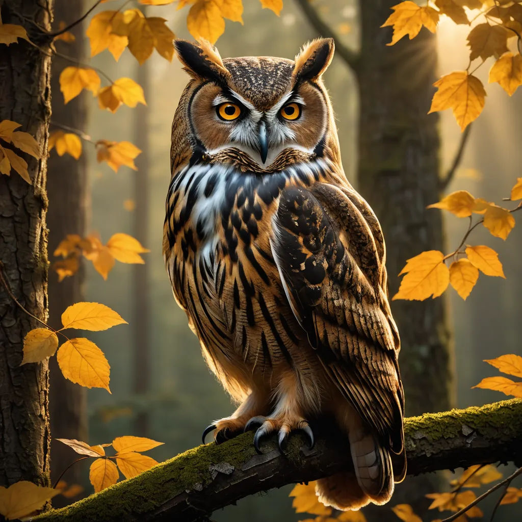 a large owl sitting on a tree branch in a forest with yellow leaves on the ground and a sunbeam in the background, magic realism, a photorealistic painting, Artur Tarnowski, animal photography