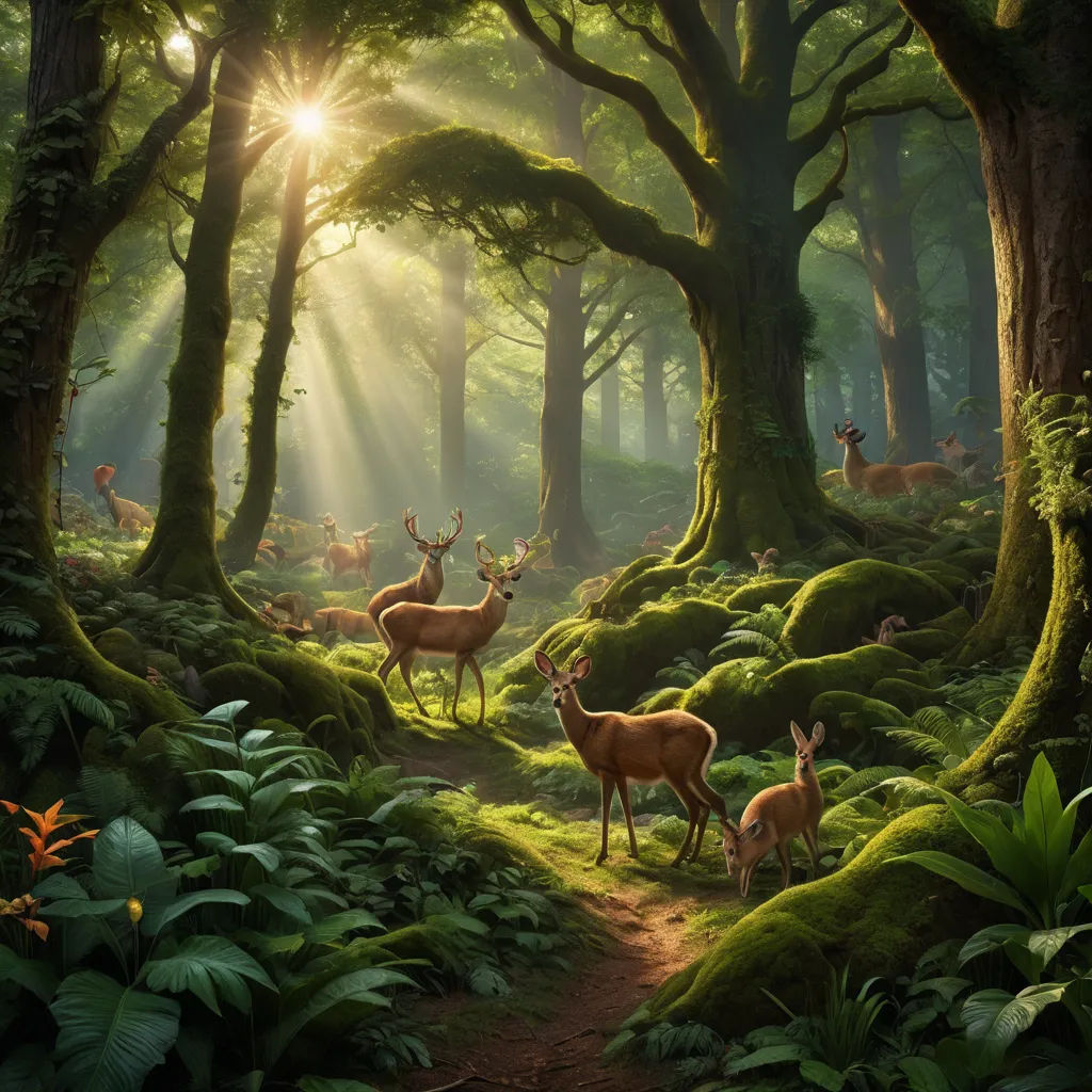 a painting of deer in a forest with sunbeams shining through the trees and mossy ground, with sunlight coming through the trees, magic realism, a detailed matte painting, Chris LaBrooy, forest