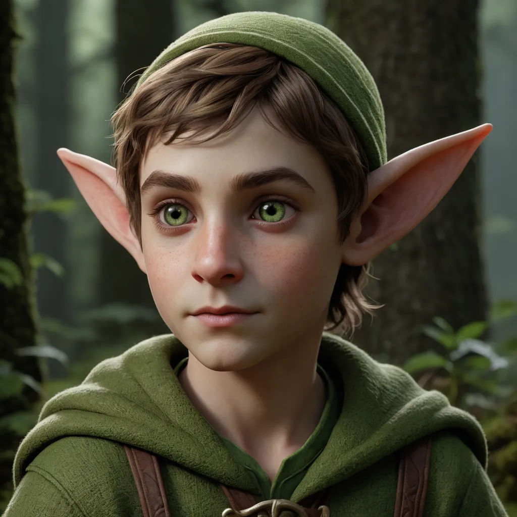 a young boy with a green hoodie and a green elf hat on in a forest with trees and bushes, photorealism, a 3D render, Cliff Childs, unreal engine 5 quality render