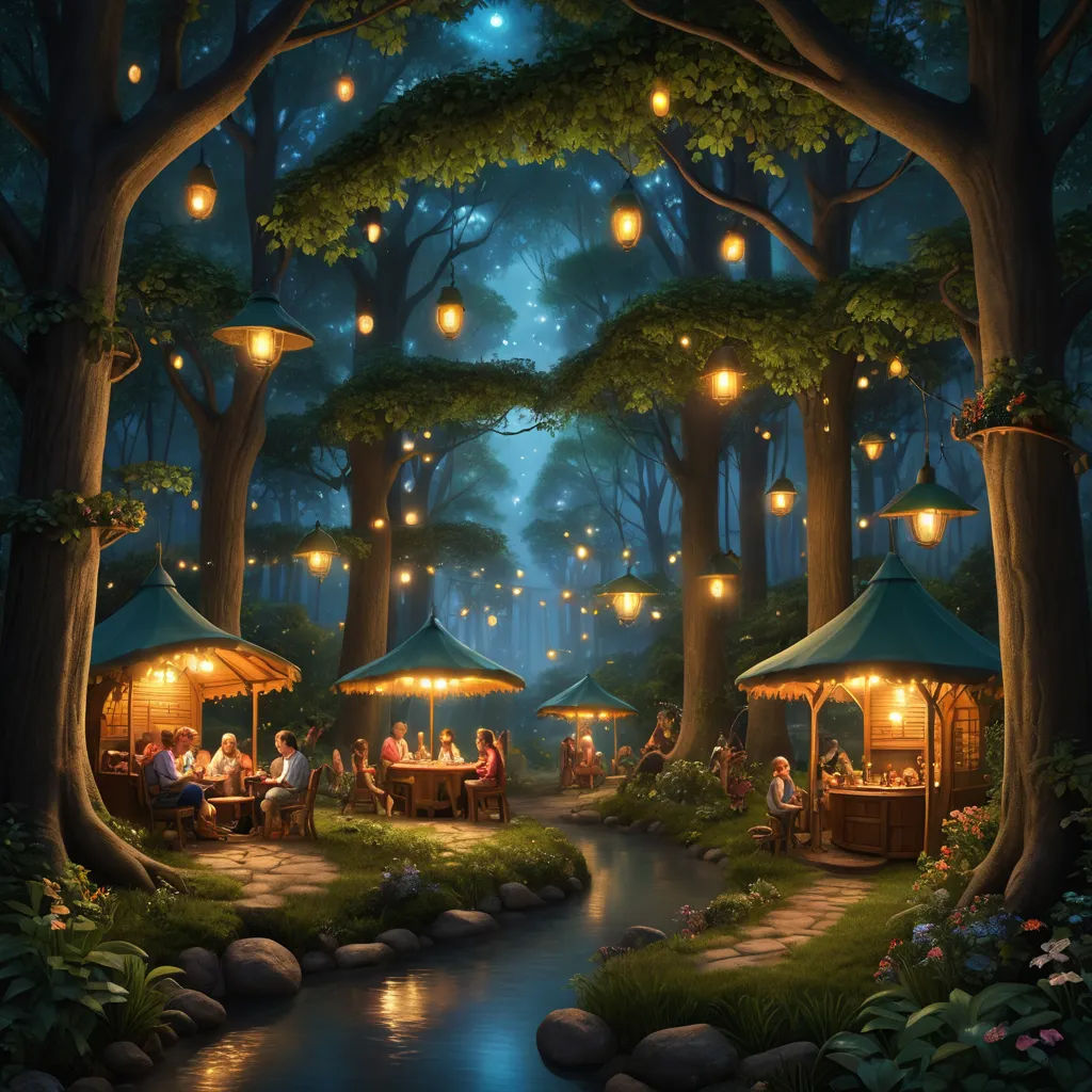 a painting of a forest with people sitting at a table under lanterns and lights hanging from the trees and a stream, fantasy art, a storybook illustration, Evgeny Lushpin, magical atmosphere