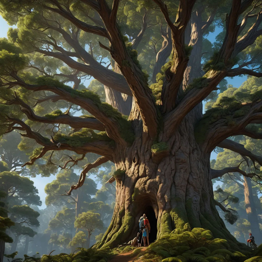 a painting of a tree with people standing in it's trunk and a man standing in the doorway, fantasy art, a detailed matte painting, Chris LaBrooy, pixar and disney animation