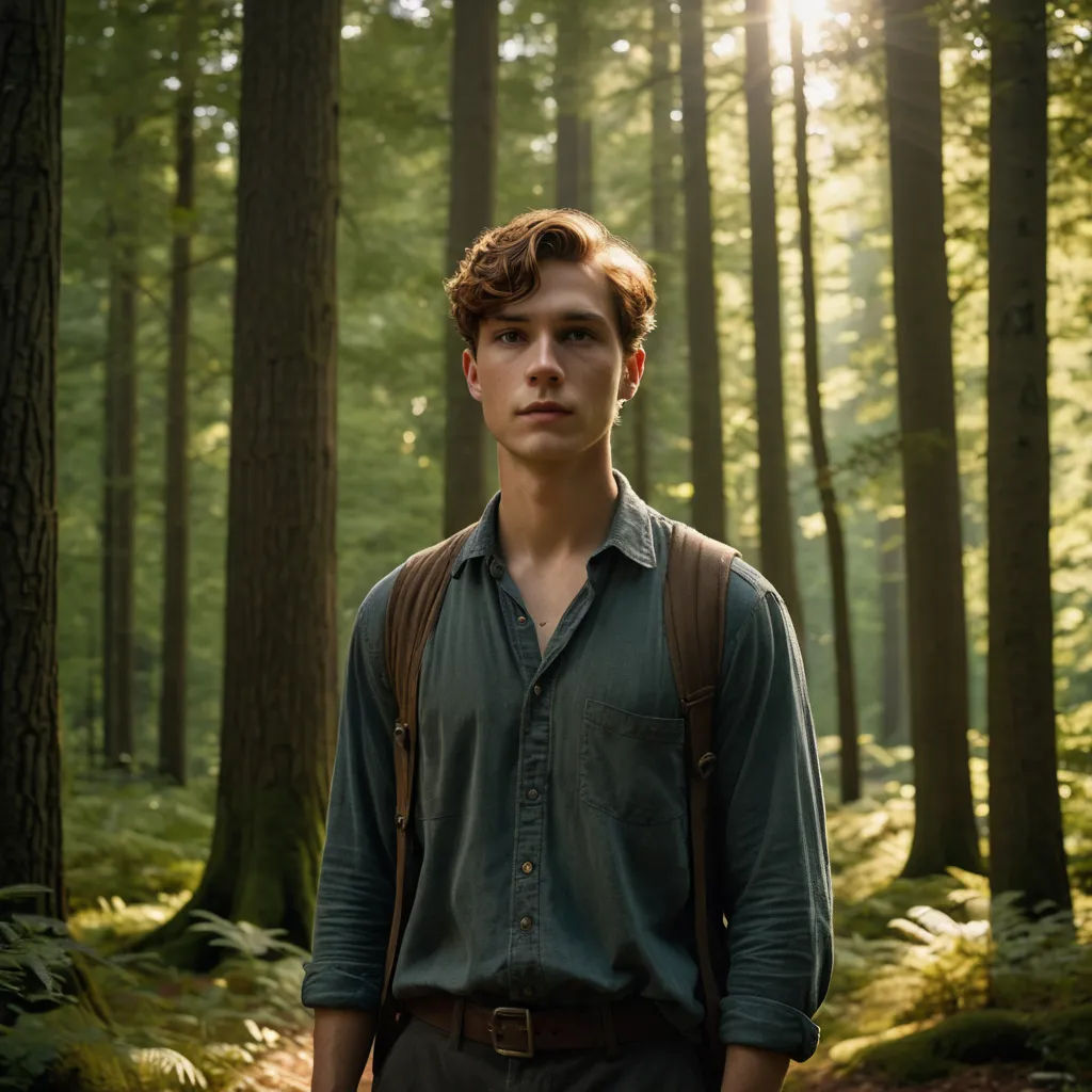a man standing in the middle of a forest with a backpack on his back and a backpack on his shoulder, arts and crafts movement, a character portrait, Caspar Wolf, promotional image