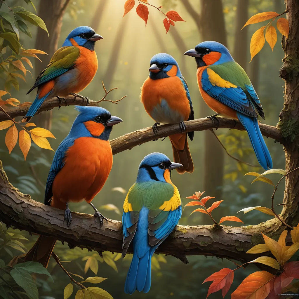 a painting of four colorful birds perched on a branch in a forest with leaves and a sunbeam in the background, american scene painting, a digital painting, Chris LaBrooy, birds