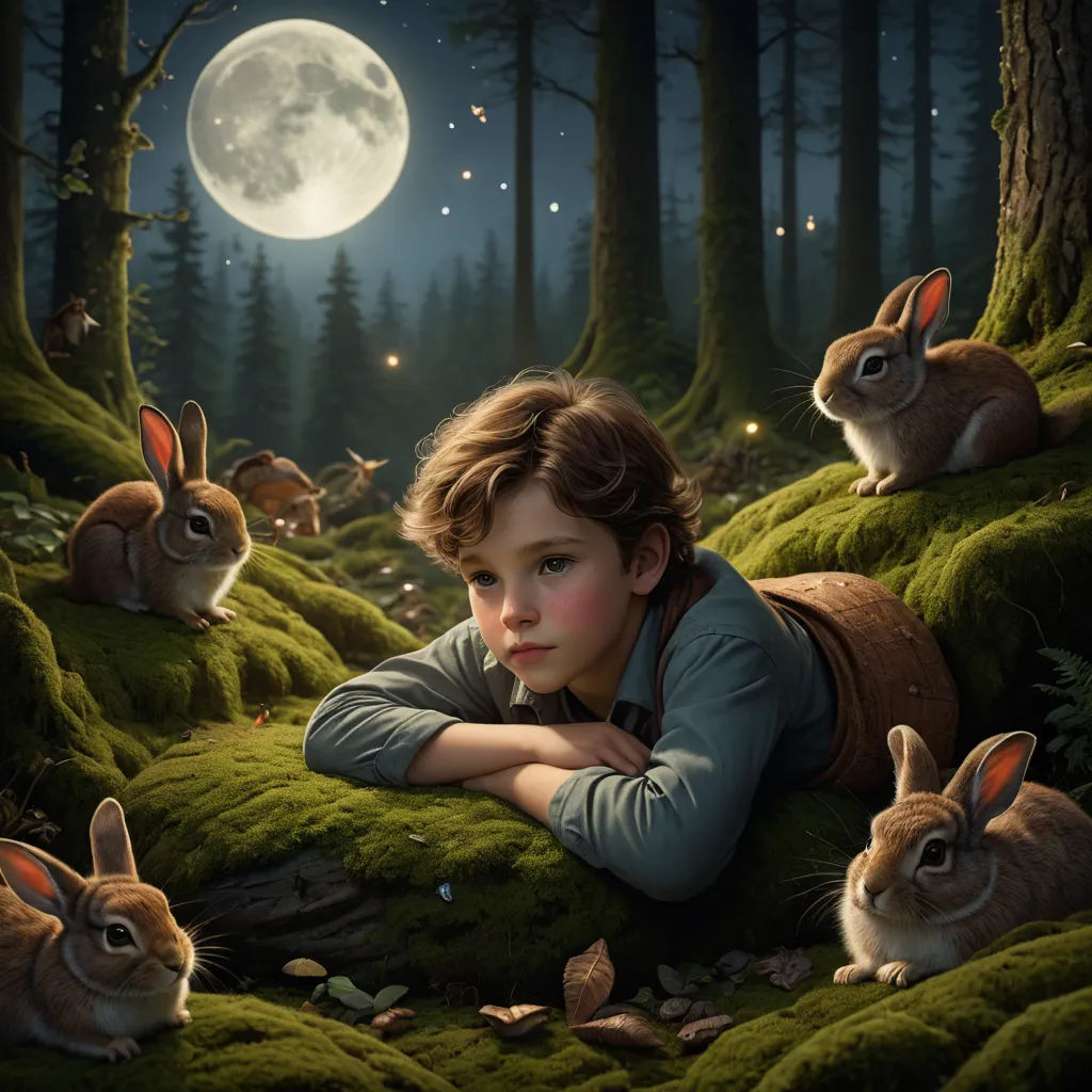 a painting of a boy laying on a mossy ground with rabbits in the background and a full moon in the sky, magical realism, a storybook illustration, Brad Kunkle, highly detailed digital painting