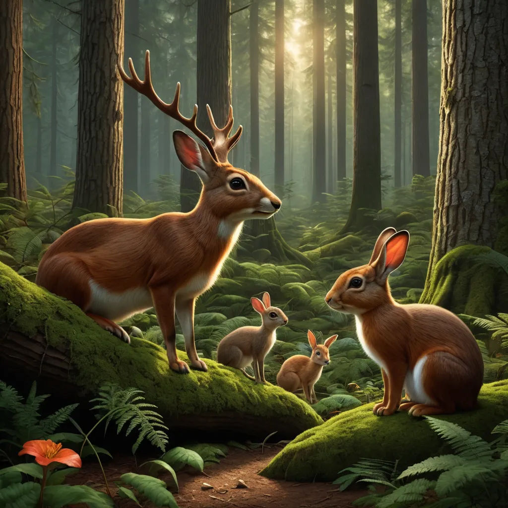 a painting of a forest with deer and other animals in it's habitat, with a sun shining through the trees, magic realism, an airbrush painting, Chris LaBrooy, highly detailed digital painting
