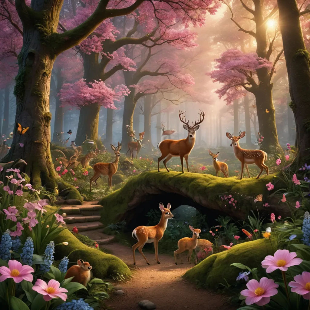 a painting of a forest with deer and flowers in the foreground and a path leading to a cave, magic realism, a detailed matte painting, Chris LaBrooy, nature