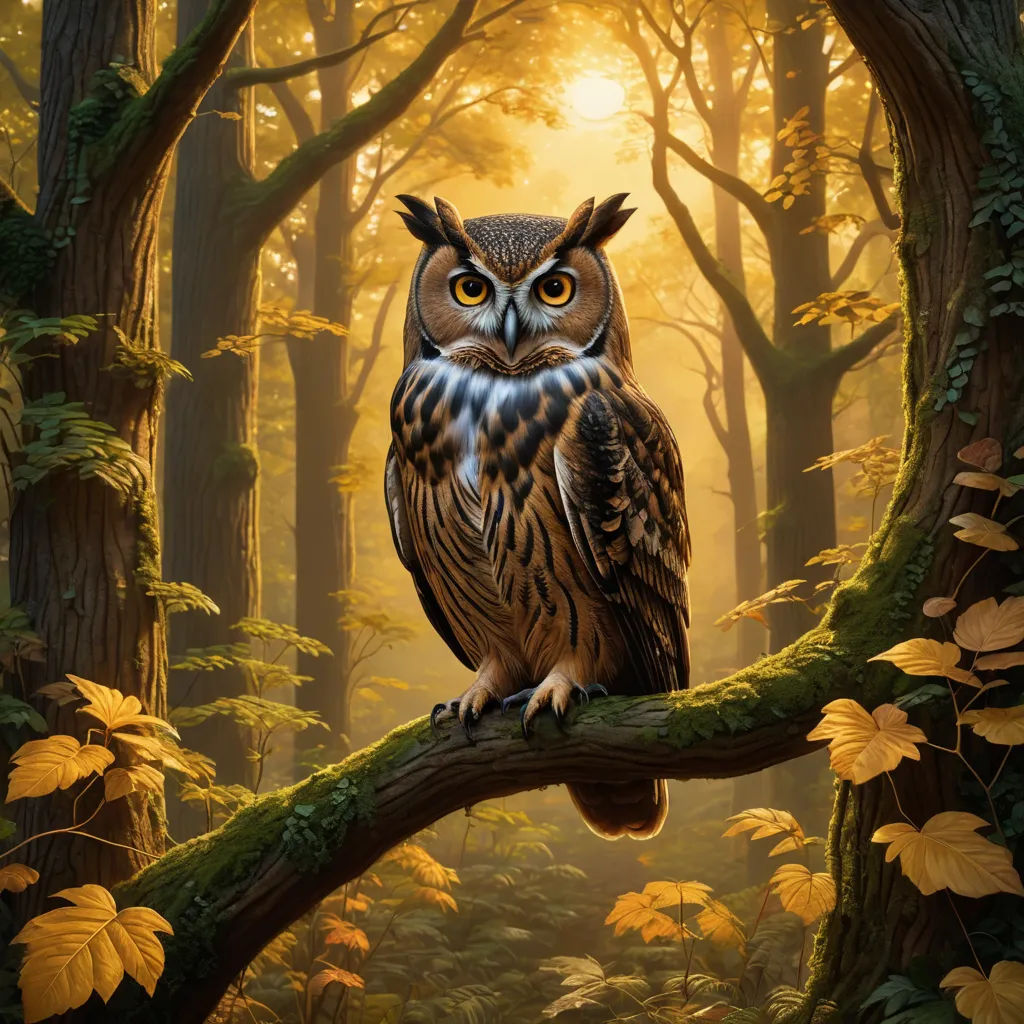 an owl sitting on a branch in a forest with yellow leaves and trees in the background, with a bright light coming through the trees, fantasy art, a storybook illustration, Chris LaBrooy, highly detailed digital painting