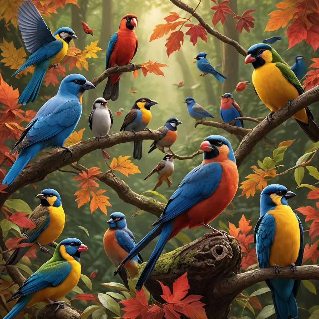 a painting of a group of birds perched on a tree branch in a forest with leaves and a sun shining through the trees, cloisonnism, a digital painting, Chris LaBrooy, birds