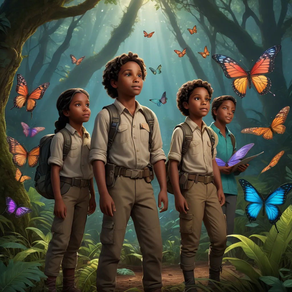 a group of children standing in a forest with butterflies flying around them and a man in a uniform standing in front of them, magical realism, concept art, Drew Struzan, key art