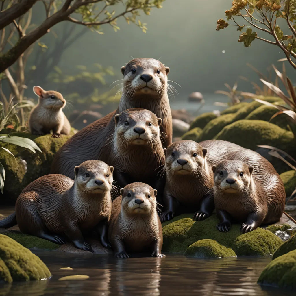 a group of otters sitting on a rock in the water near some mossy rocks and trees,, photorealism, a photorealistic painting, Chris LaBrooy, cgstudio