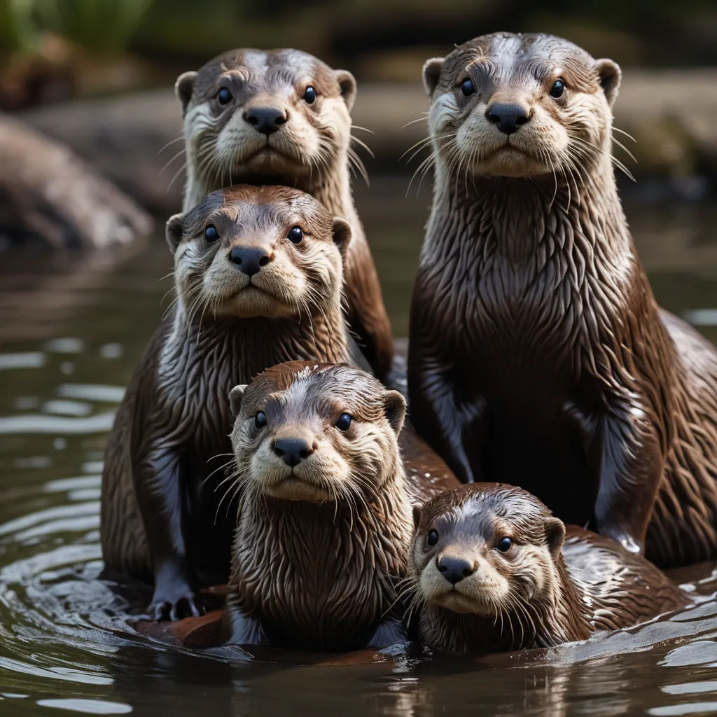 a group of otters are standing in the water together, looking at the camera man's eye, incoherents, a stock photo, Brenda Chamberlain, animal photography