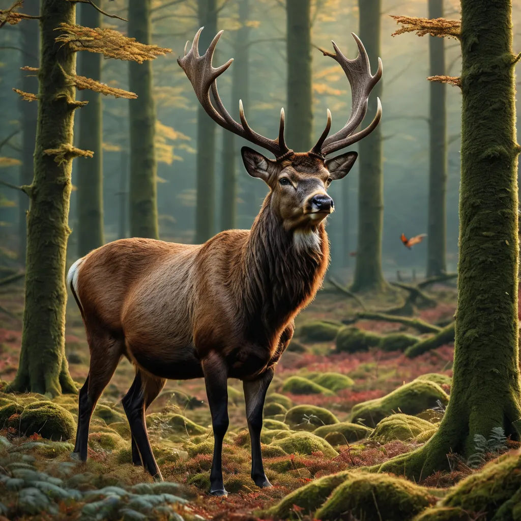 a deer standing in a forest with mossy ground and trees in the background, with a bird flying overhead, naturalism, a digital rendering, David Martin, award-winning photograph