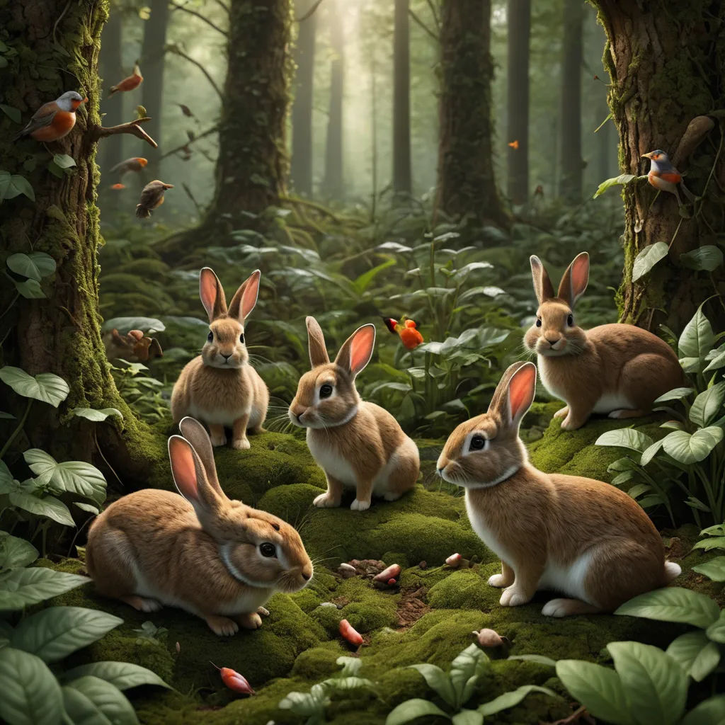 a group of rabbits sitting in the middle of a forest with green grass and trees around them, all looking at the camera, magical realism, an airbrush painting, Chris LaBrooy, highly detailed digital painting