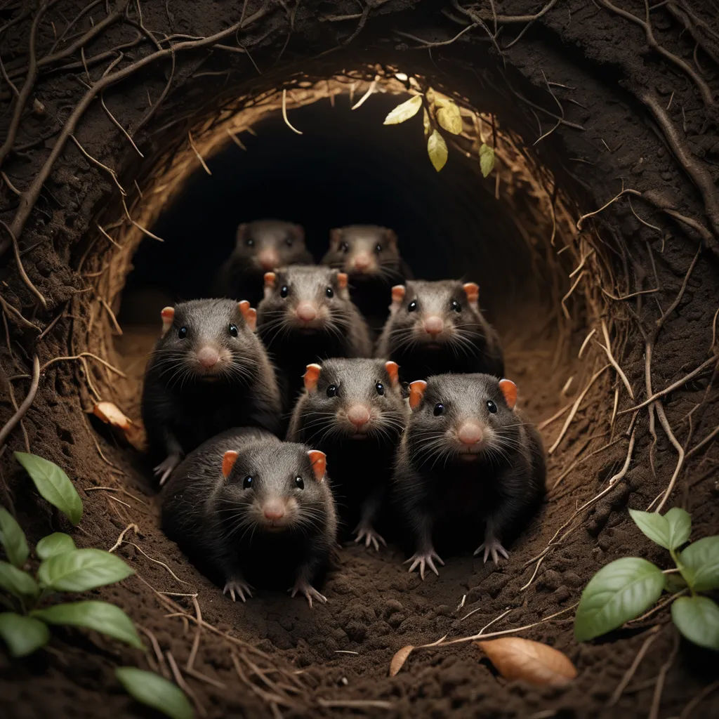 a group of rat's in a hole with leaves around them and dirt surrounding them and a plant growing in the middle, massurrealism, a storybook illustration, Andries Stock, animal photography