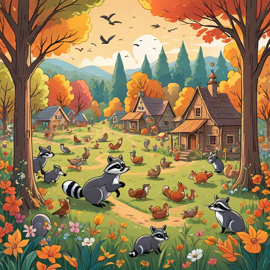 a painting of a forest with a bunch of animals in it and a house in the background with a bird flying over it, folk art, a storybook illustration, Chris LaBrooy, furaffinity