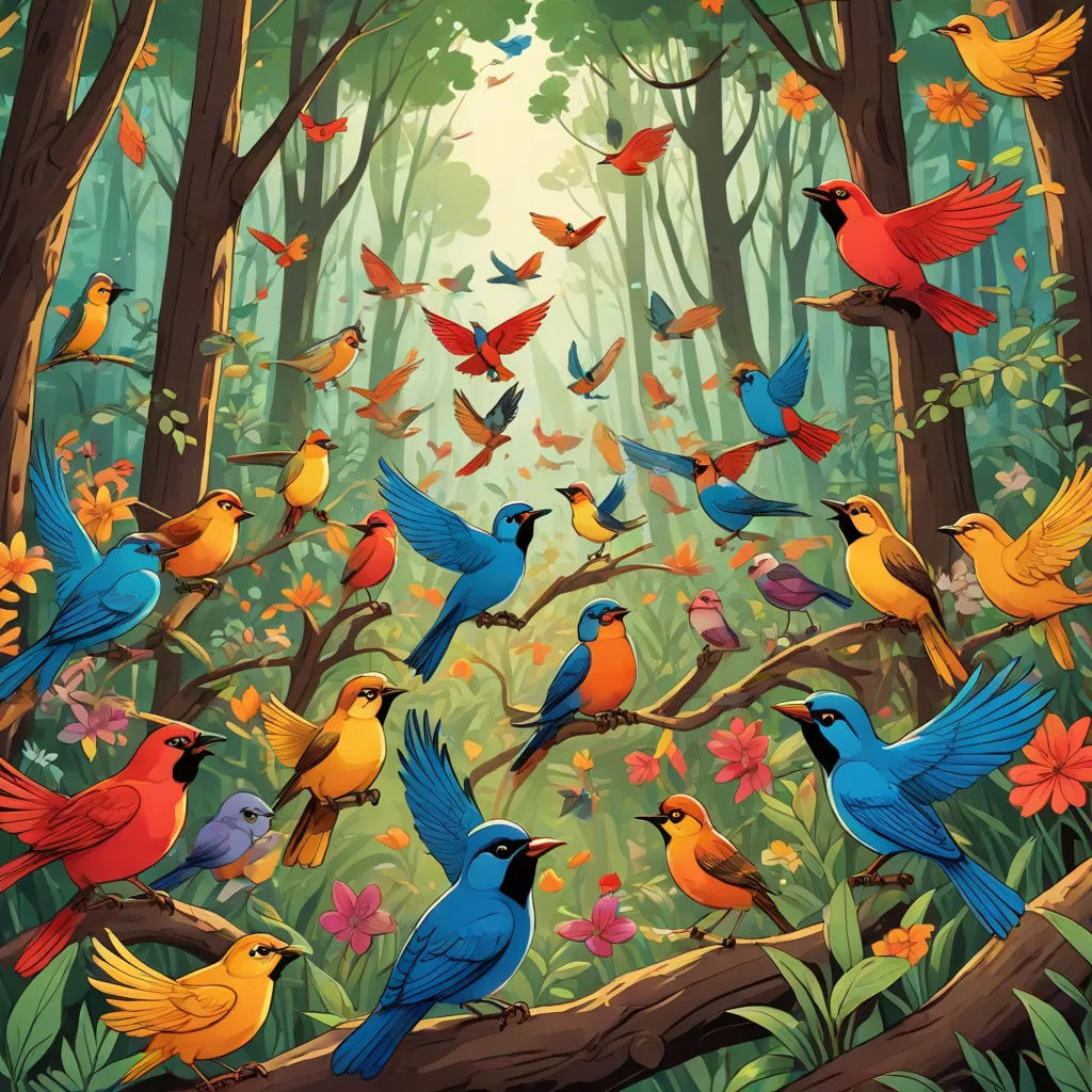 a painting of many birds flying in the air over a forest filled with trees and flowers and a lot of leaves, generative art, a storybook illustration, Chris LaBrooy, birds