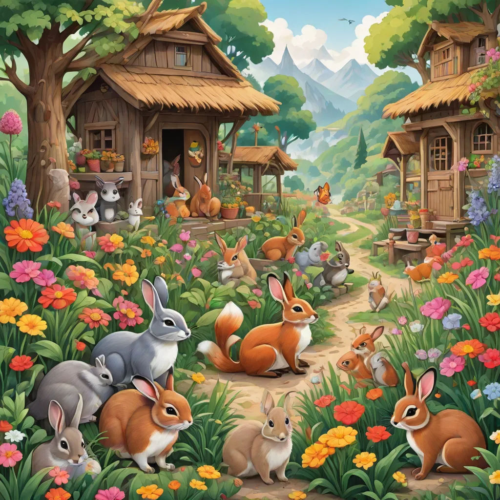 a painting of a forest with many animals in it and a house in the background with flowers and trees, furry art, a detailed painting, Chris LaBrooy, highly detailed digital painting
