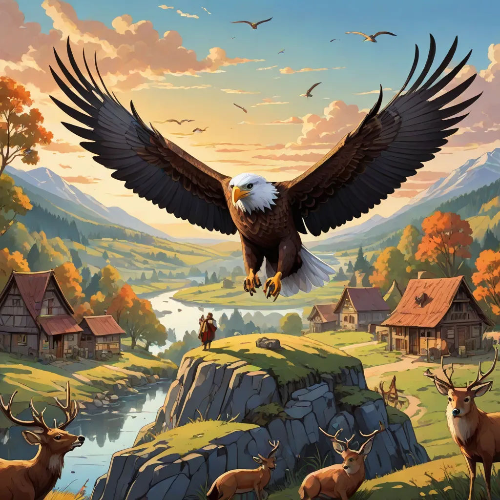 a painting of an eagle flying over a river with deer and birds around it and a mountain in the background, american scene painting, a storybook illustration, Chris LaBrooy, highly detailed digital painting