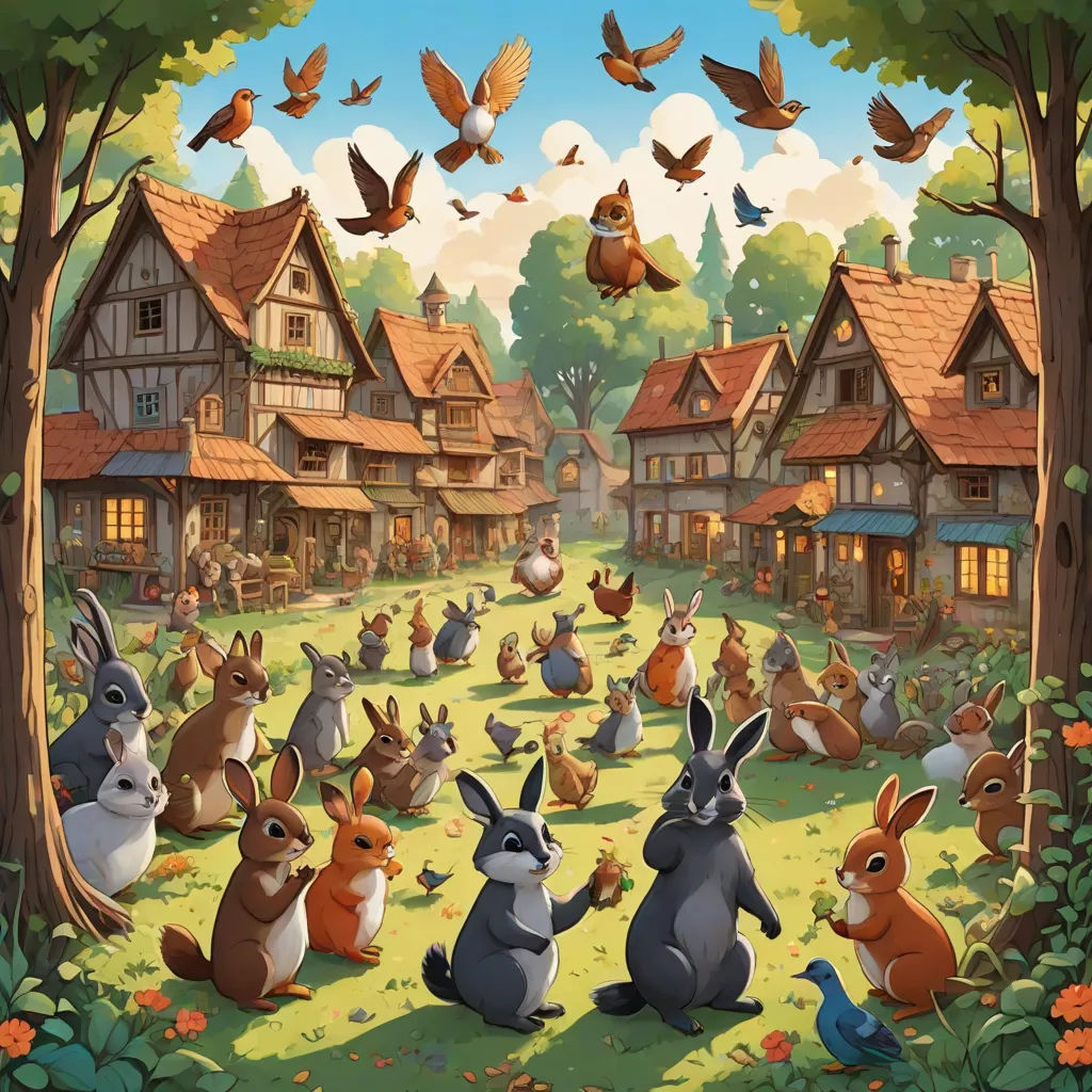 a painting of a group of rabbits in a forest with a bird flying over them and a house in the background, furry art, a storybook illustration, Chris LaBrooy, rossdraws global illumination
