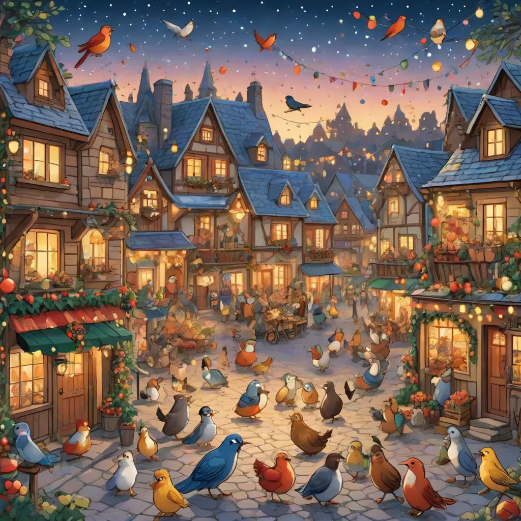 a painting of a village with birds and a christmas tree in the foreground and a lit up christmas tree in the background, magic realism, a storybook illustration, Chris LaBrooy, kinkade