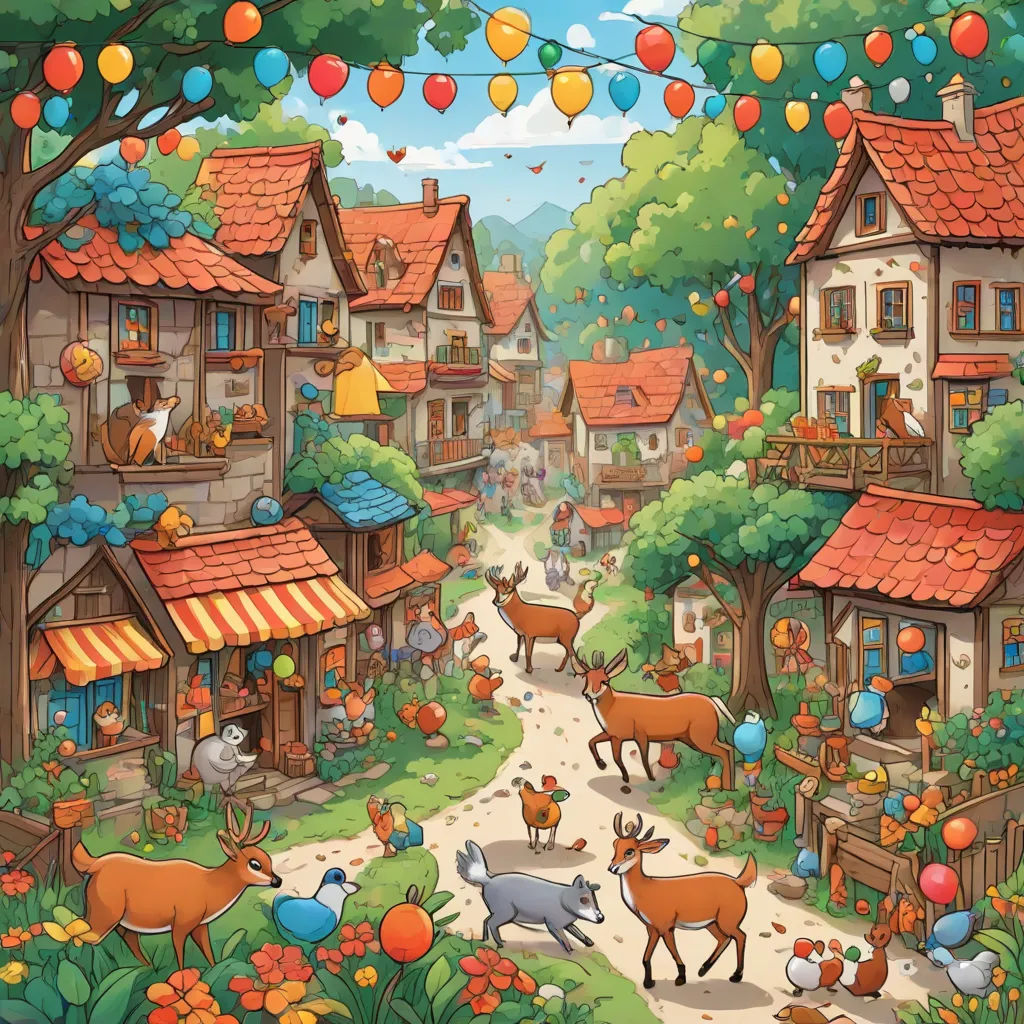 a painting of a village with animals and birds in it's yard and a stream of balloons floating above, naive art, a storybook illustration, Chris LaBrooy, highly detailed digital painting