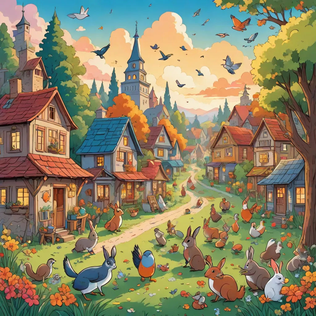 a painting of a village with many animals and birds in it, and a bird in the foreground, fantasy art, a storybook illustration, Chris LaBrooy, rossdraws global illumination