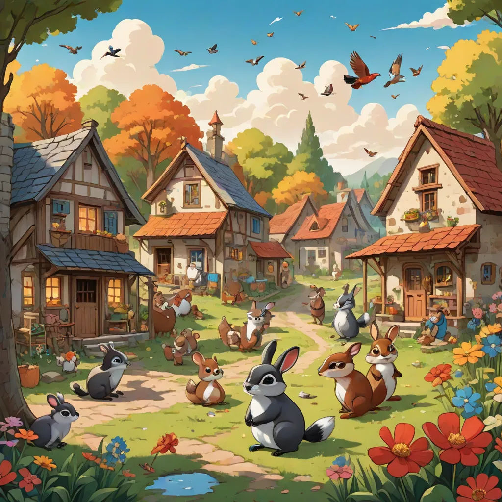 a painting of rabbits in a village with a bird flying overhead and a bird flying overhead, and a bird flying overhead, american scene painting, a storybook illustration, Chris LaBrooy, rossdraws global illumination
