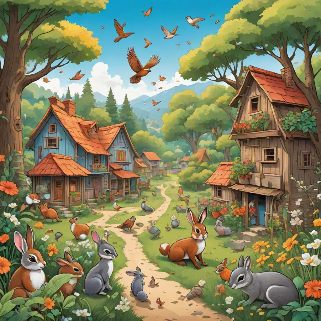 a painting of a forest scene with rabbits and birds in the foreground and a bird flying over a village, magic realism, a storybook illustration, Chris LaBrooy, storybook illustration