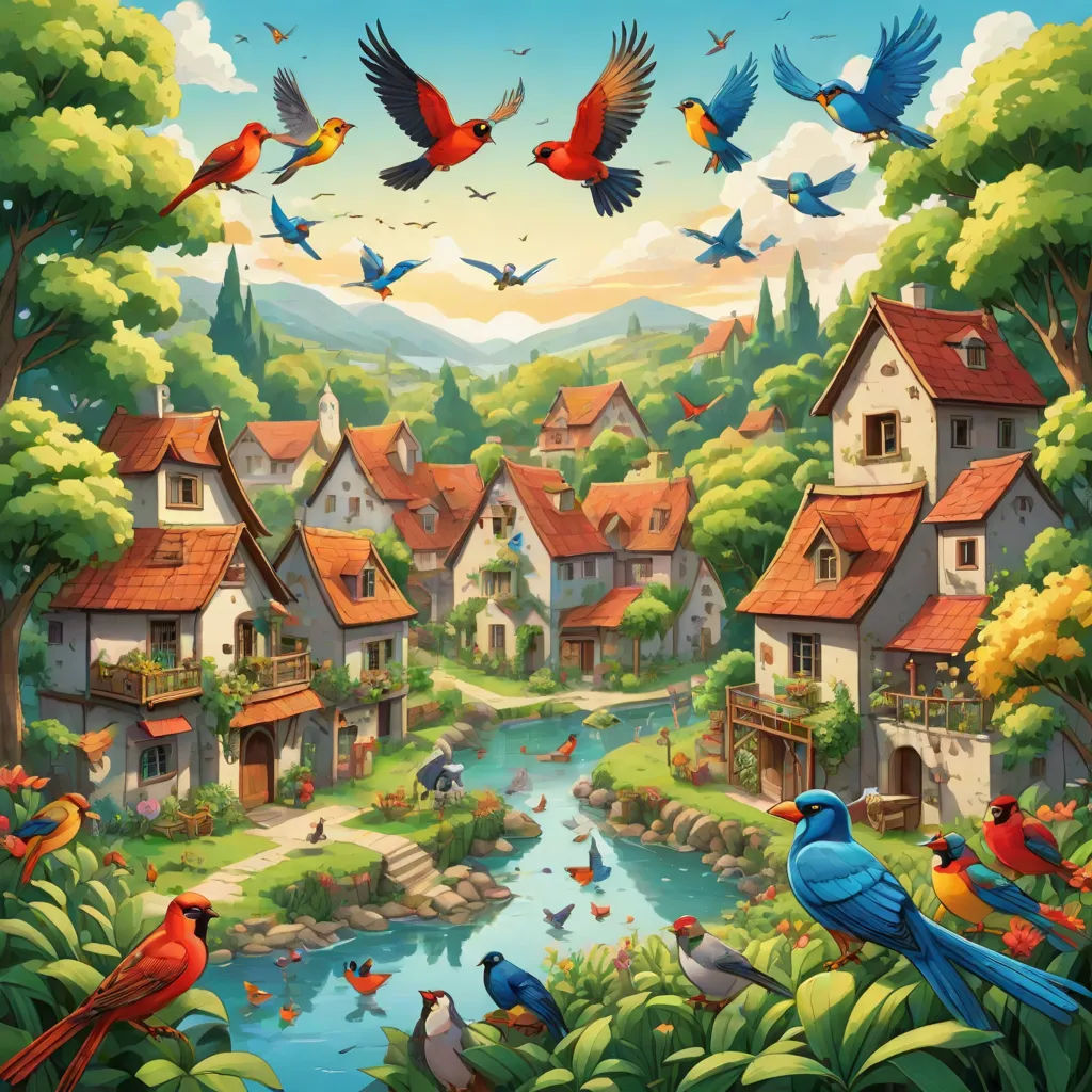 a painting of a village with birds flying over it and a river running through it, with a bridge and a few buildings in the background, magic realism, a storybook illustration, Chris LaBrooy, highly detailed digital painting