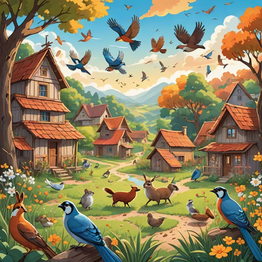 a painting of a bird village with many birds flying around it and a bird in the foreground of the picture, american scene painting, a storybook illustration, Chris LaBrooy, highly detailed digital painting