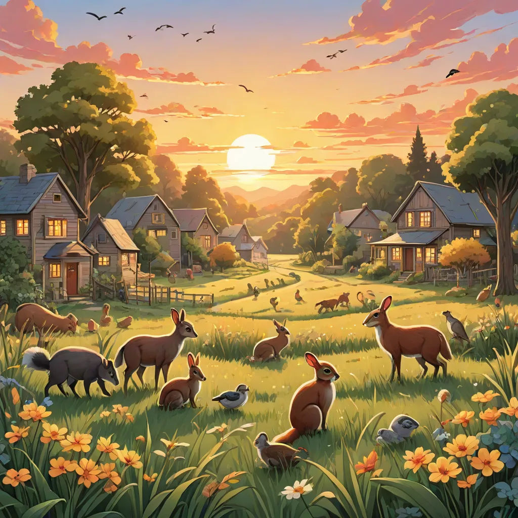 a painting of a sunset with a herd of deer in a field of flowers and birds in the foreground, american scene painting, a storybook illustration, Chris LaBrooy, official art