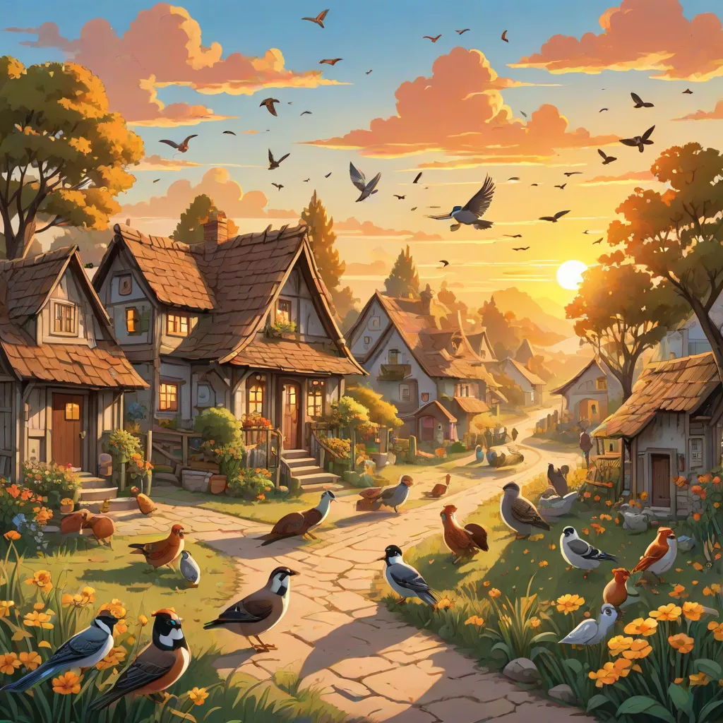 a painting of a village with birds flying around it and a sunset in the background with a few houses, american scene painting, a storybook illustration, Chris LaBrooy, kinkade