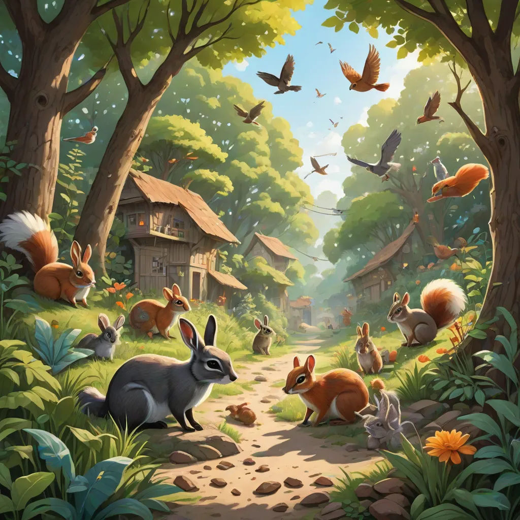a painting of a forest with animals and birds in it's habitat, and a house in the background, fantasy art, a storybook illustration, Chris LaBrooy, rossdraws global illumination