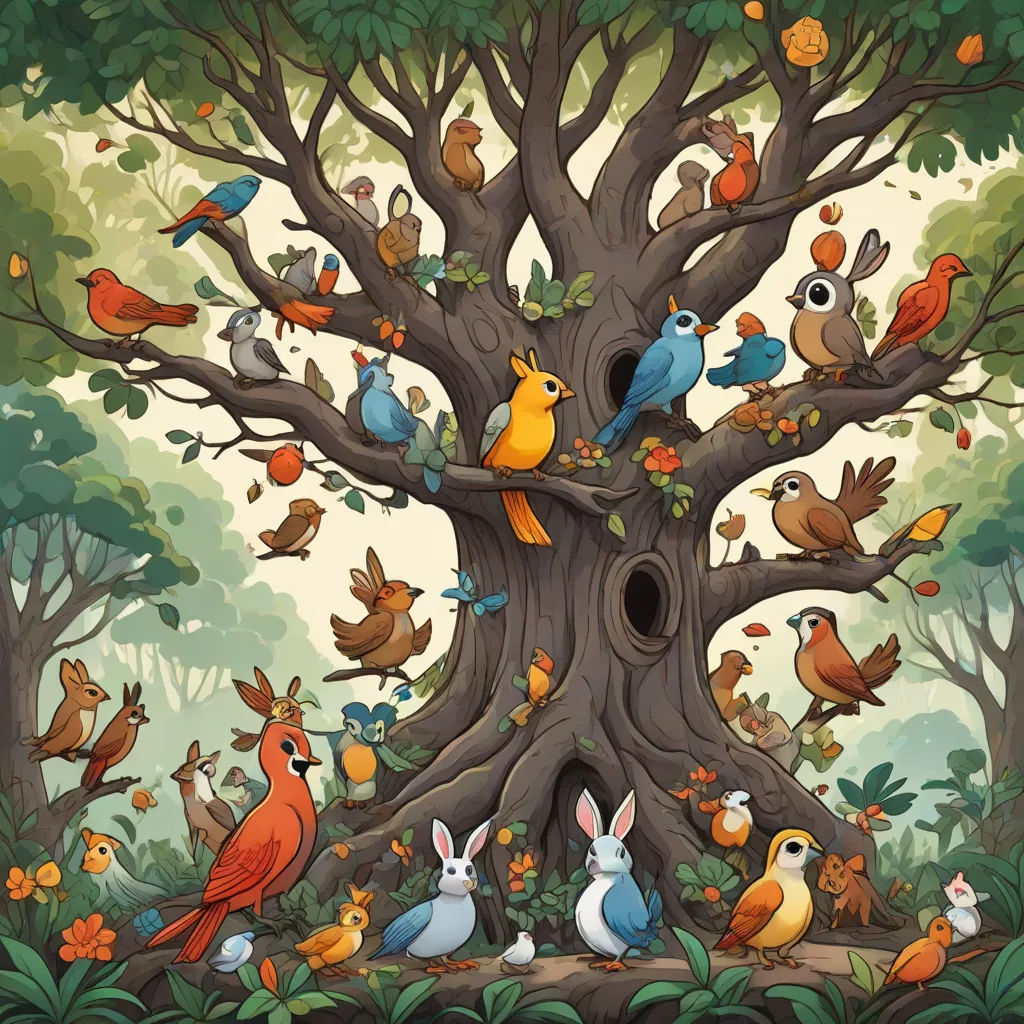 a painting of a tree with many birds and rabbits around it and a hole in the middle of the tree, naturalism, a storybook illustration, Chris LaBrooy, birds