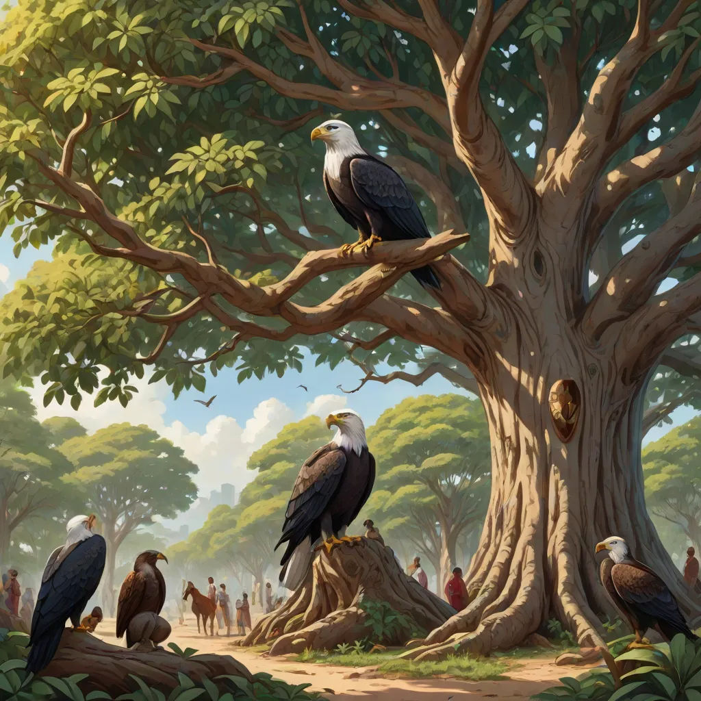a painting of a group of birds perched on a tree branch in a park with people in the background, american scene painting, a detailed matte painting, Chris LaBrooy, highly detailed digital painting