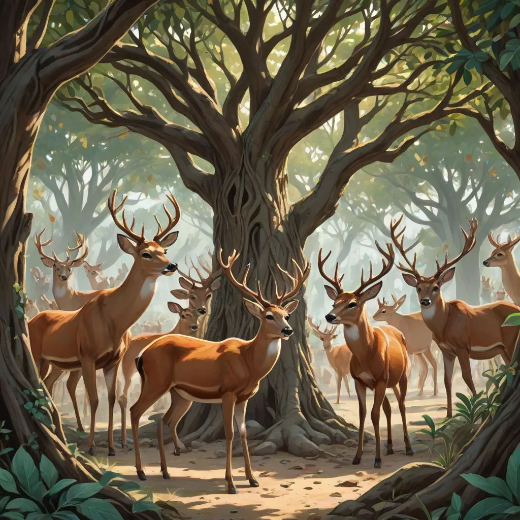 a group of deer standing in front of a tree in a forest with lots of leaves on the ground, fantasy art, a storybook illustration, Chris LaBrooy, rossdraws global illumination