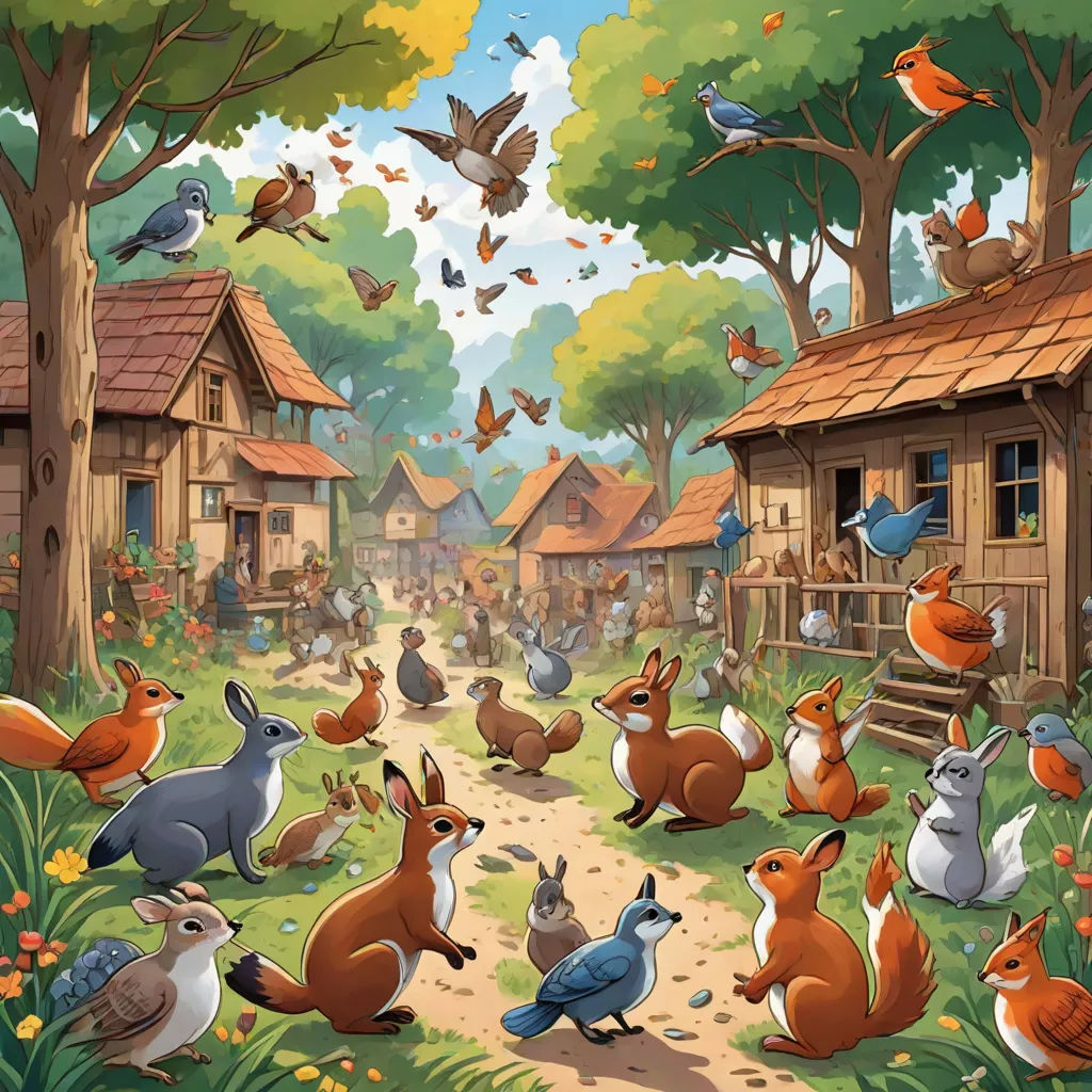 a painting of a group of animals in a forest with a village in the background and birds flying around, furry art, a storybook illustration, Chris LaBrooy, furaffinity