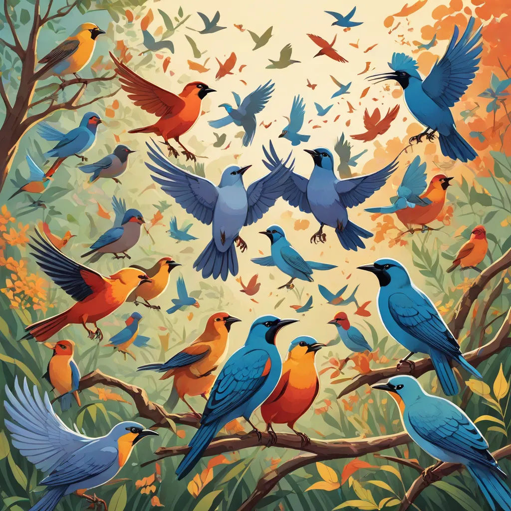 a painting of many birds on a tree branch with leaves and flowers in the background, with a yellow sky, american scene painting, a storybook illustration, Chris LaBrooy, birds
