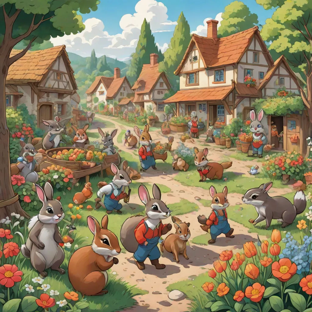 a painting of a village with rabbits and rabbits in the yard and a man with a hat and bow tie, furry art, a storybook illustration, Chris LaBrooy, kinkade