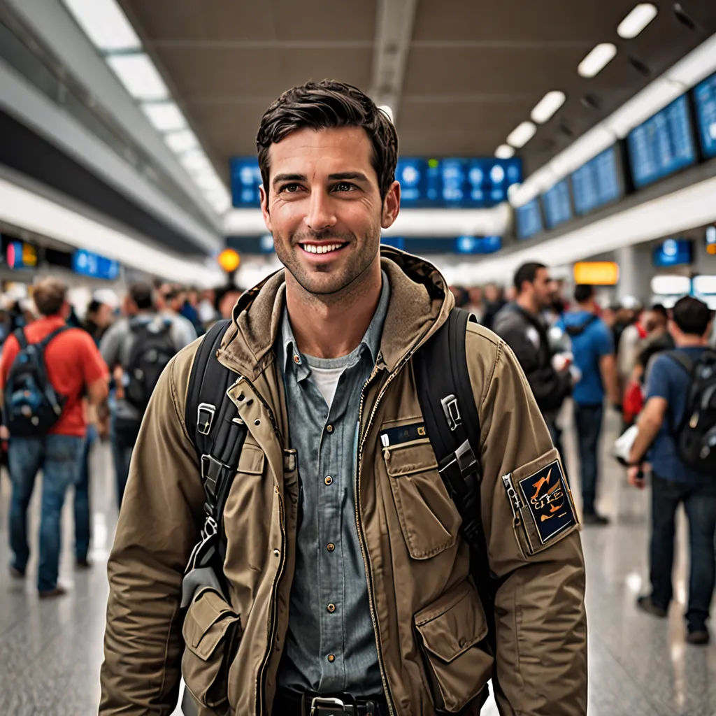 a man in a brown jacket and backpack standing in a terminal with people in the background and a sign that says,, international typographic style, a stock photo, Christian Hilfgott Brand, promotional image