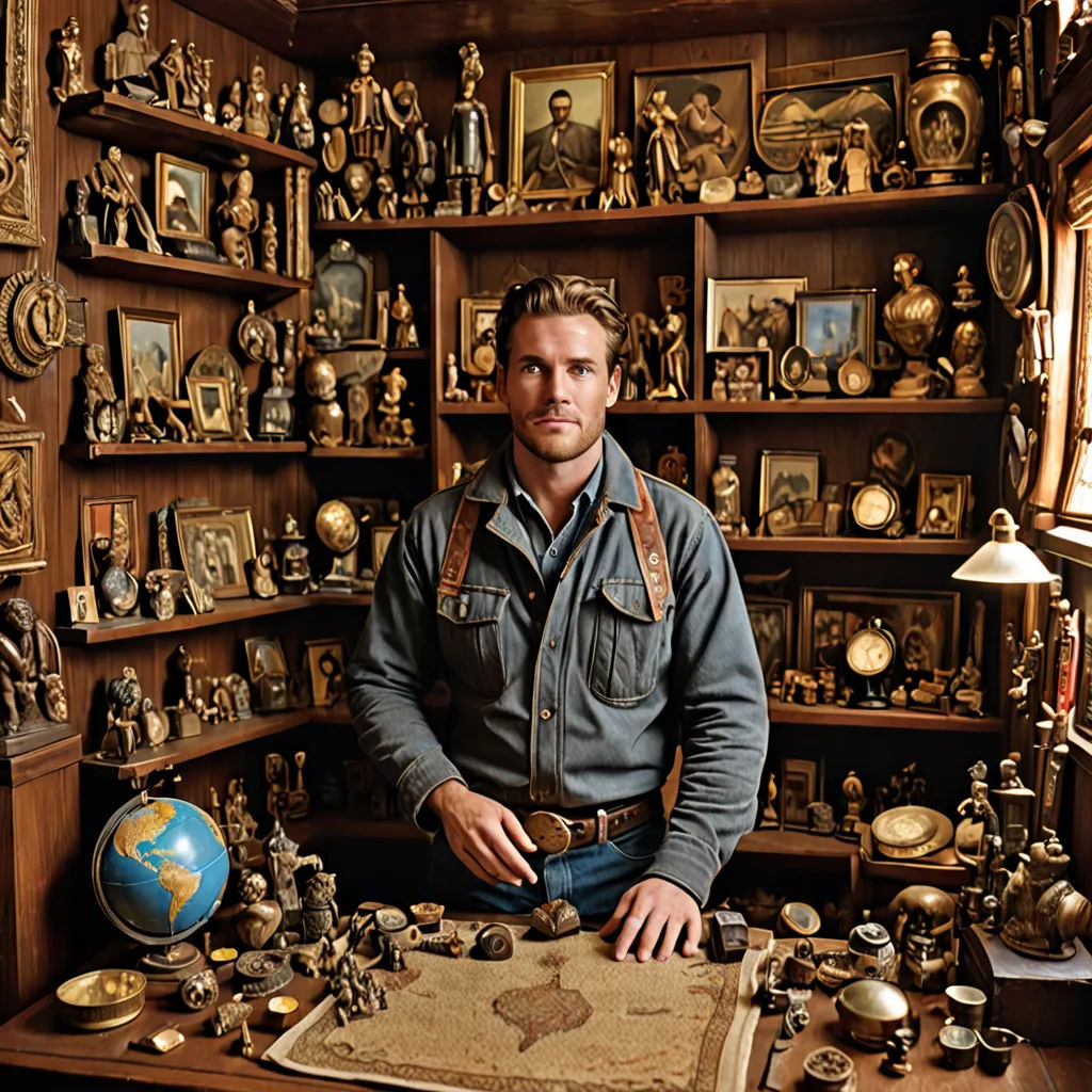 a man standing in front of a display of antique items in a shop with a map and globe on the table, arts and crafts movement, a bronze sculpture, Evan Charlton, promotional image