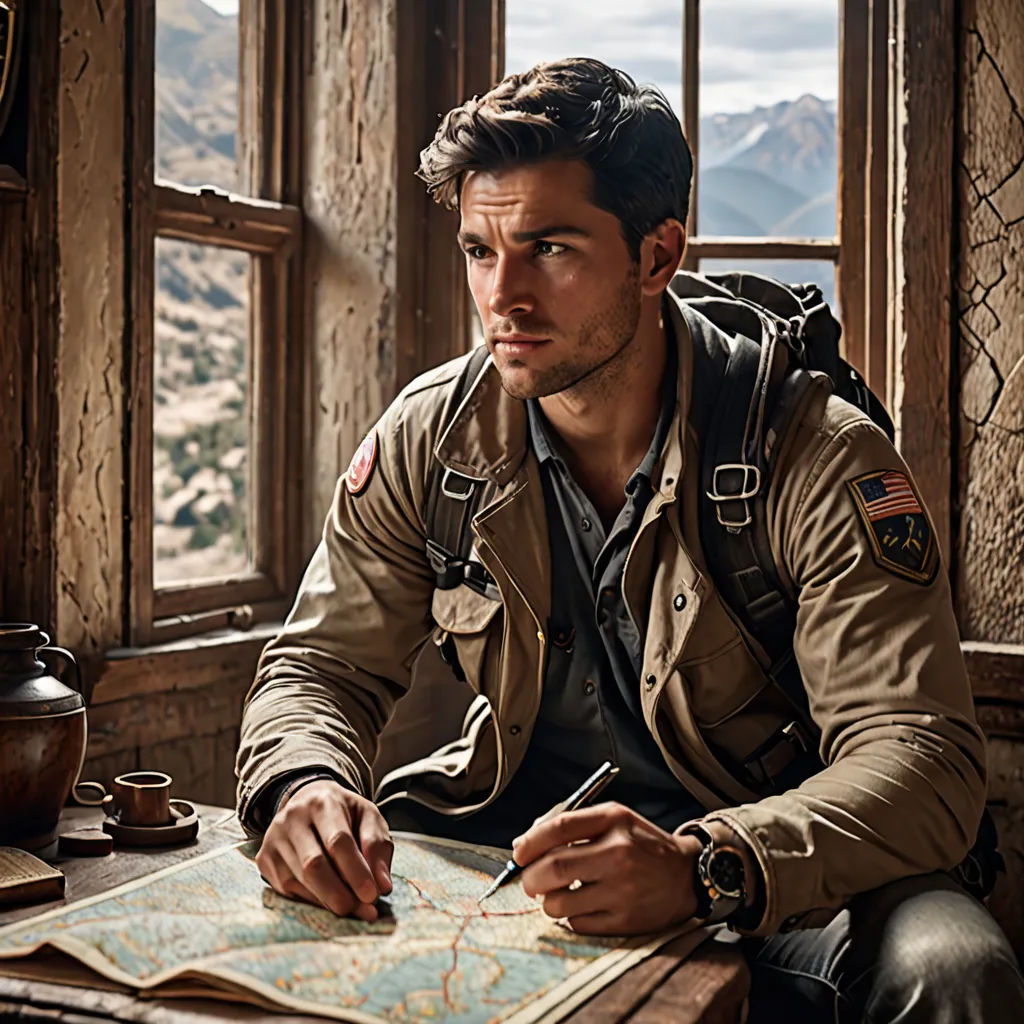 a man in a military uniform sitting at a table with a map and a pen in his hand and looking out a window, american romanticism, a character portrait, Alexander Kucharsky, promotional image