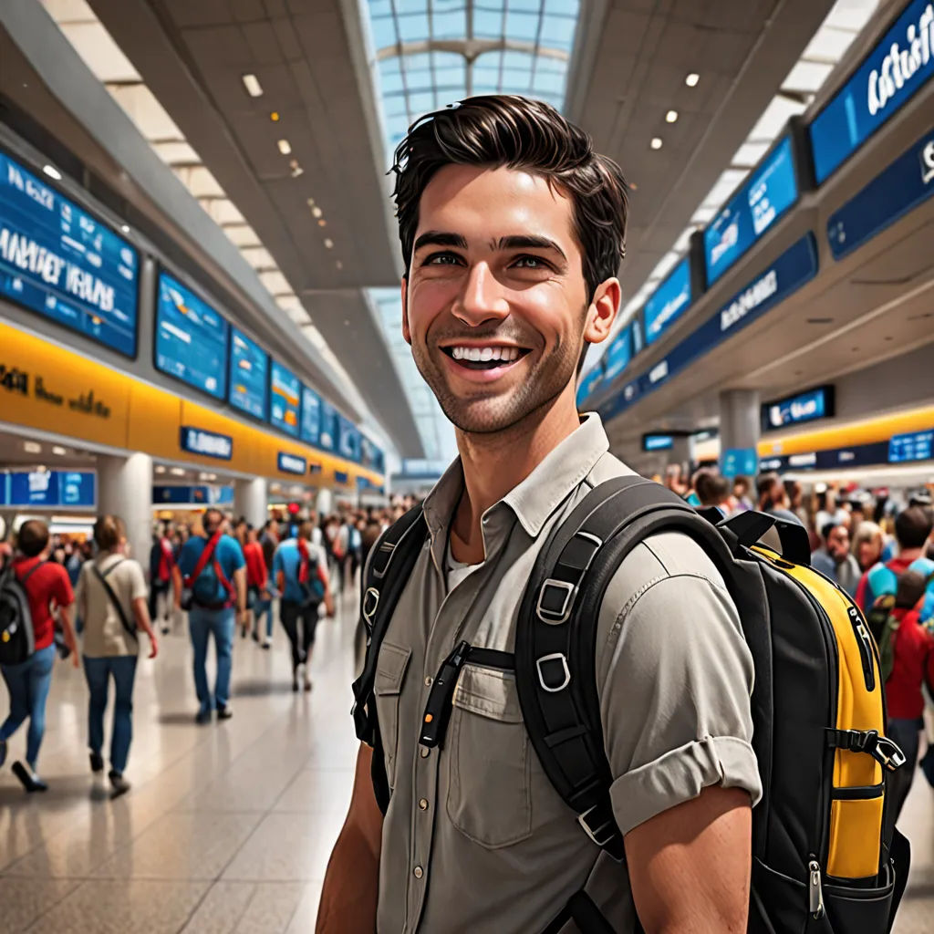 a man with a backpack standing in a terminal smiling for the camera with a lot of people in the background, international typographic style, a stock photo, Christian W. Staudinger, promotional image