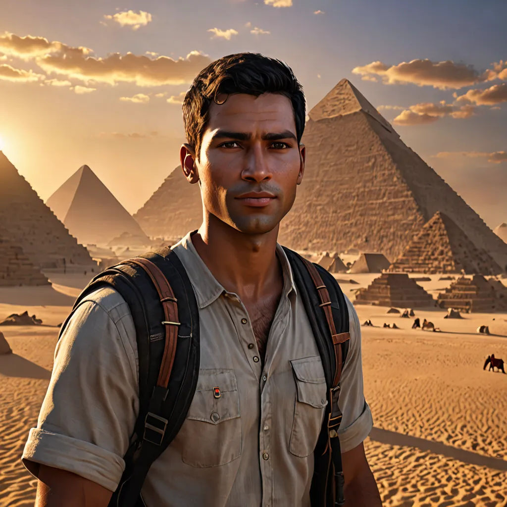 a man standing in front of a pyramids in the desert with a camera on his shoulder and a backpack on his shoulder, photorealism, a character portrait, Chris LaBrooy, unreal engine highly rendered