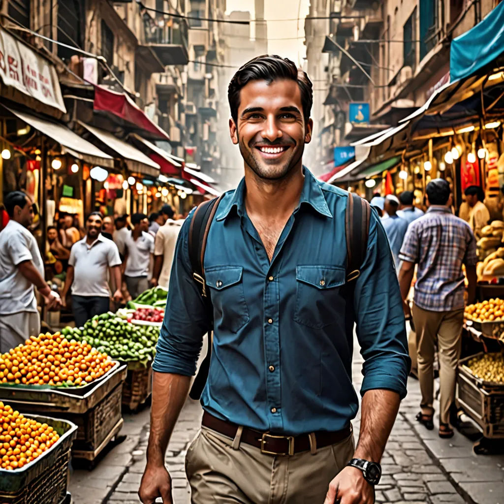 a man is walking through a market with many fruits and vegetables on display in the background, and a man in a blue shirt is smiling, samikshavad, egyptian art, Ahmed Karahisari, promotional image